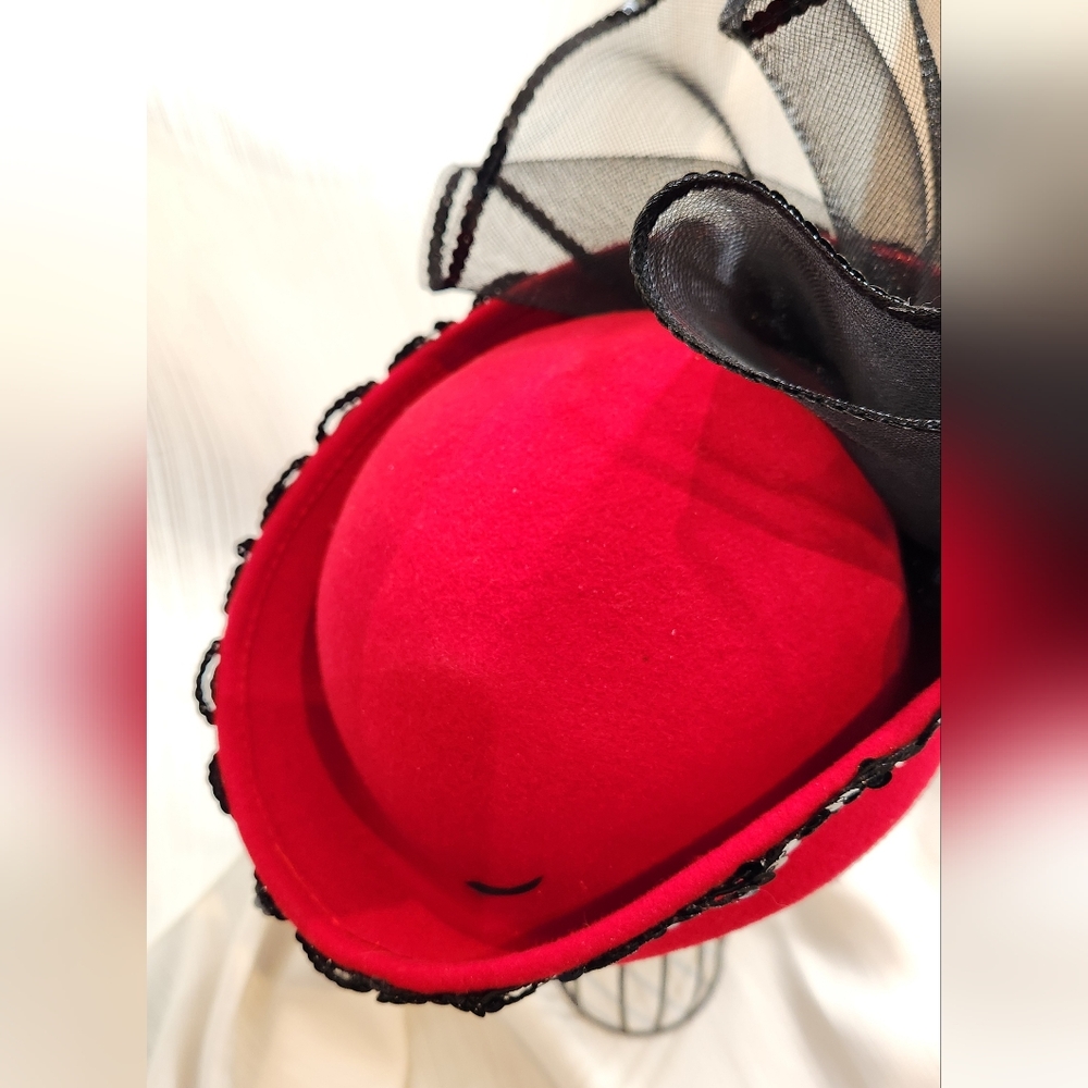 Red Felted Wool Hat with Black Sequin Trim and Black Netting - Picture 4 of 7